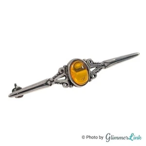 Vintage Amber Cabochon Mid Century Sterling Silver Bar Brooch AS IS - Picture 1 of 8