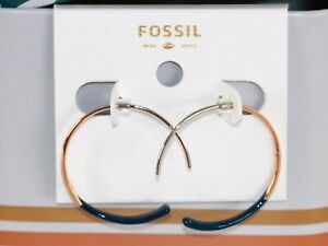 Fossil Hoop Earrings Two Colored Rose Gold/Dark Blue New