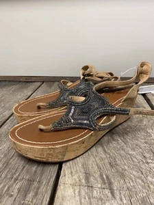 Anthropologie Free People Silver Bead Cork Platform Wedge Thong Sandals Sz 6.5 - Bild 1 von 5