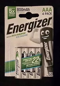 Energizer ACCU Recharge Extreme 800 mAh Rechargable AAA Battery x4 Pack - Picture 1 of 2