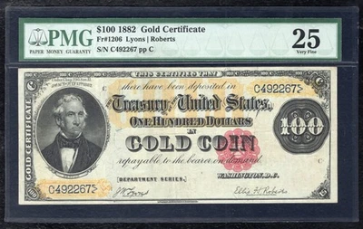 FR. 1206 1882 $100 ONE HUNDRED “BENTON” GOLD CERTIFICATE NOTE PMG VERY FINE-25 - Image 1 of 2