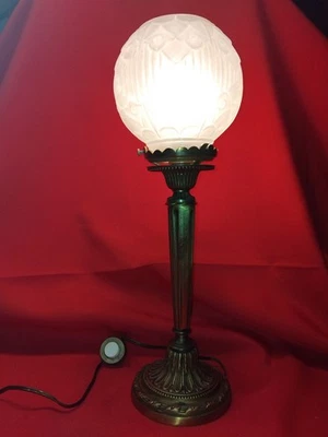 lampe pied bronze globe art deco verre pressé dépoli - Photo 1/4