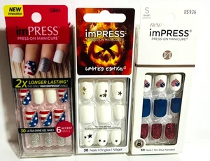 New Impress Press On Manicure Nails Patriotic Red White Blue 3 Sets No Glue - Picture 1 of 1