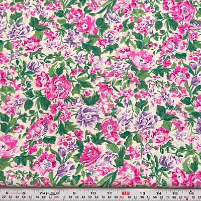 Pink & Purple Florals Robert Kaufman White Cotton Fabric Remnant 11" x 44" - Image 1 of 2
