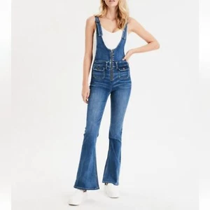 American Eagle Flare Denim Zip Front Adjustable Strap Boho Festival Overalls 4 - Picture 1 of 14