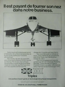 9/1976 PUB TRIPLEX SAFETY GLASS AVIATION CONCORDE SUPERSONIC ORIGINAL FRENCH AD - Picture 1 of 1