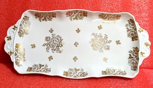 VTG PORCELAIN DE FRANCE Hand Painted Handled Serving Tray: Gold Flowers, 12.6" - Picture 1 of 8