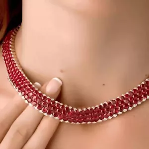 50Ct Round Cut Three-Row Lab Created Ruby Necklace 925 Sterling Silver 17In - Picture 1 of 3