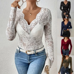 Sexy Women Sheer Mesh Floral Lace See-Through Long Sleeve Slim Top T Shirt Tees - Picture 1 of 36