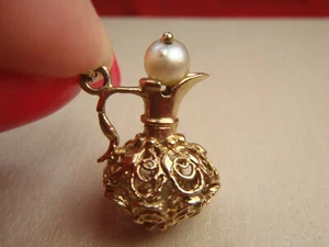 Vintage 14K yellow gold Filigree PITCHER w/ Pearl CHARM or Pendant  - Picture 1 of 12