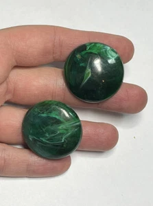 Large Vintage Resin Deep Dark Green Swirled Earrings 80's 90's Domed Galaxy - Picture 1 of 4