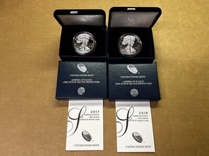2017 W + 2018 W Proof American Eagle One Ounce SILVER 1 Oz Box & COA 2 Coins - Picture 1 of 11