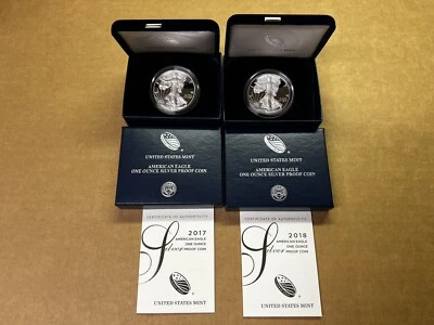 2017 W + 2018 W Proof American Eagle One Ounce SILVER 1 Oz Box & COA 2 Coins - Image 1 of 4
