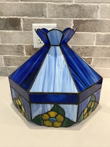 Hanging Stained Glass Chandelier Light Fixture Blue-Yellow Flowers - Picture 1 of 12