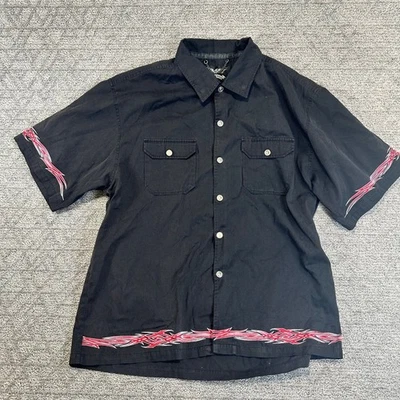 Camisa negra de manga corta con botones con gráfico de llama XL Chrome Eagle para hombre Foto 1 de 4