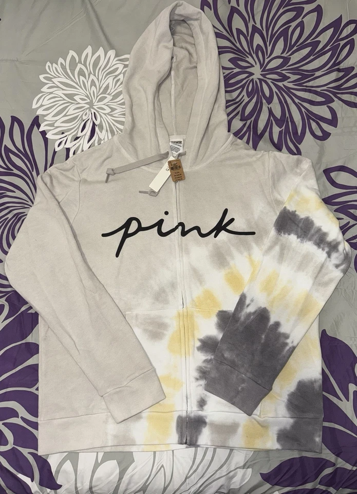 Victoria’s Secret PINK Perfect Full Zip Hoodie Tie Dye Gray Yellow Tan XL - Image 1 of 1