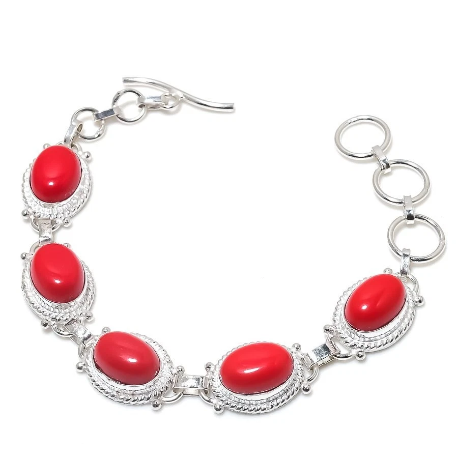 Brazalete de joyería de plata de ley 925 hecho a mano con piedras preciosas de coral rojo tamaño 7-8" Foto 1 de 1
