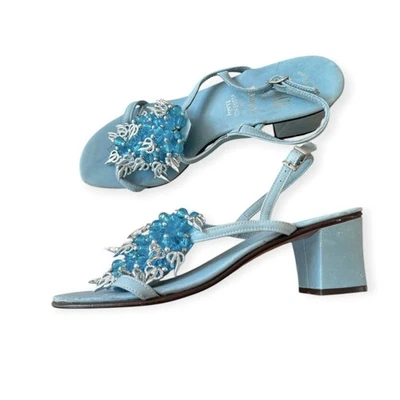 Vintage 60s Amalfi by Rangoni Beaded Mod Heel Sandals 5.5M – Blue, Made in Italy - Image 1 of 4