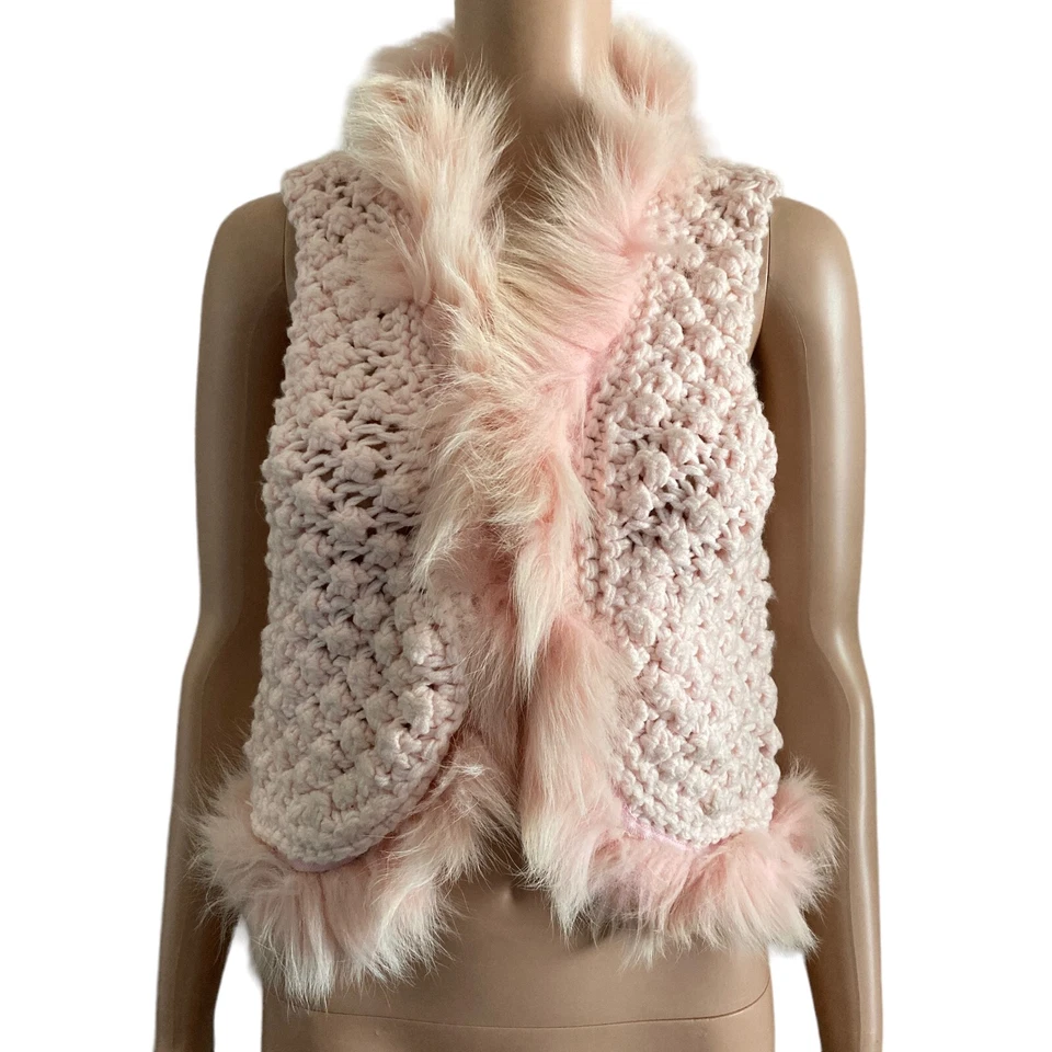 Chaleco cárdigan delantero abierto rosa hecho a mano de ganchillo forrado de piel sintética para niñas Foto 1 de 4