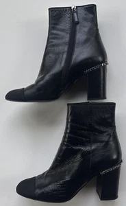 Chanel Ankle Boot Black Leather 3" Block Heel w/silver chain detail Size 9 EU 40 - Picture 1 of 8