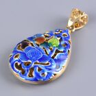 I05 Cloisonne Pendant Drop With Blue Flower Tendril Silver 925 Gold Plated