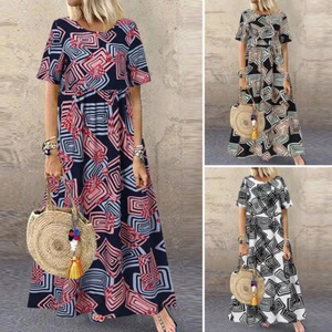 Womens Short Sleeve Printed Long Dress A Line Kaftan Holiday Beach Maxi Dresses - Picture 1 of 19