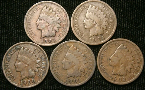 1900 1901 1902 1903 1904 1c Indian Head Cent Penny Set Lot 5 Coins , Circulated Cover