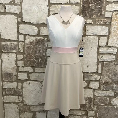Tommy Hilfiger Ivory Pink Tan Color Block Fit Flare Aline Stretch Dress 4 NWT - Image 1 of 4