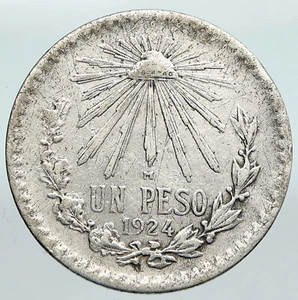 1924 MEXICO Eagle Liberty Cap Large Vintage OLD Silver Peso Mexican Coin i91378 - Picture 1 of 3