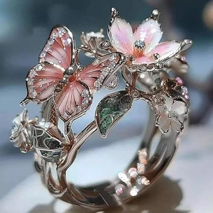 фGlitter Bling Rhinestone Butterfly Flower Ring Pink Vintage LookGifts for Women - Picture 1 of 10