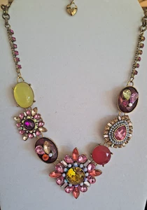 Vtg Retired BETSEY JOHNSON Pink Crystal Statement Bib Necklace 18"+2 1/2" - Picture 1 of 3