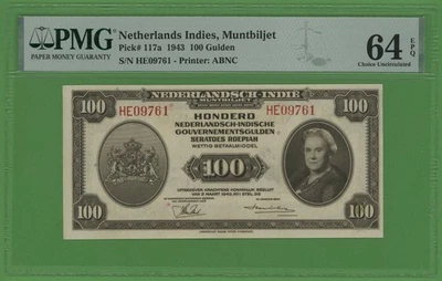 NETHERLANDS INDIES  100 GULDEN  1943 PICK # 117a PMG 64 CHOICE  UNCIRCULATED EPQ - Image 1 of 2