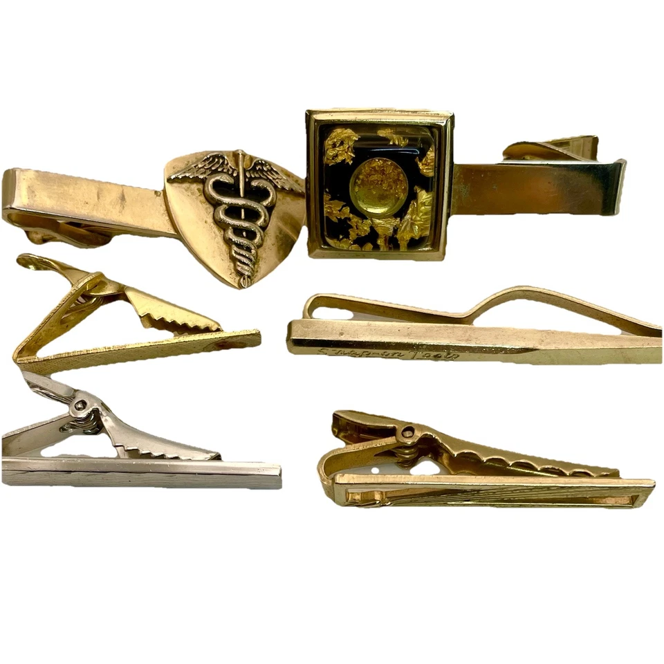 5 barras de corbata vintage de metales mixtos de colección, herramientas a presión, caduceo, oro en resina, + Foto 1 de 4