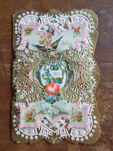Cupid Vintage 1892 geprägt-Gold Spitze gestanzt Valentinstag Karte-Gedicht - Bild 1 von 3