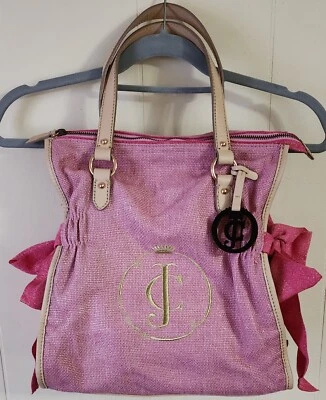 Bolso de Mano Vintage Juicy Couture Y2K Ms. Daydreamer tweed rosa metálico detalle lazo Foto 1 de 4