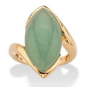 Marquise-Cut Genuine Green Jade Gold-Plated Sterling Silver Cabochon Bypass Ring - Picture 1 of 4