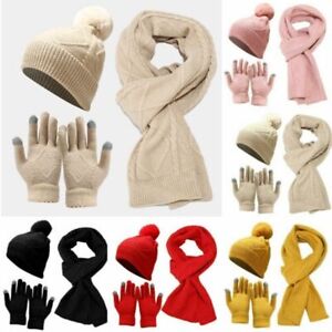 Womens Ladies Thick Knit Hat Scarf AND Gloves Set Knitted Winter NEW  Warm