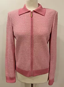St. John Sport Striped Knit Pink Cable Knit Wool Zip-Up Cardigan Sweater Small - Picture 1 of 13