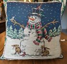 Vintage Christmas Tapestry Throw Pillow Snowman 17” Square Home Decor 15 X 12 