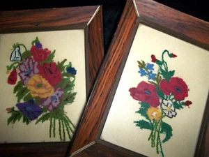 Pair Vintage GREEK Framed Needlepoint Petit Point Pictures Wall Decor Greece - Picture 1 of 16