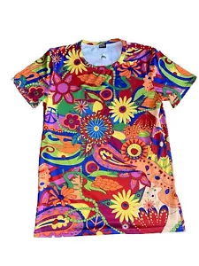 T-Shirt Top Medium Multicoloured Hippie Paisley Floral 60’s 70’s Bright Loud - Picture 1 of 6