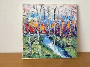 Bäume Am Fluss Ölgemälde auf Leinwand Original Abstrakte Landschaft Gemälde - Picture 1 of 6