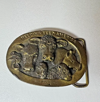 Vintage Belt Buckle Helping Feed America Kent Feeds Since 1927 Pig Cow Sheep - Image 1 of 4