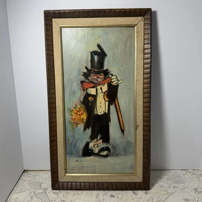 Pintura al óleo original Ozz Franca payaso triste con bastón y flores enmarcadas 18x10 Foto 1 de 4