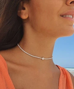 15Ct Round Cut Lab Created Diamond Tennis Choker Necklace 14K White Gold Plated - Picture 1 of 7