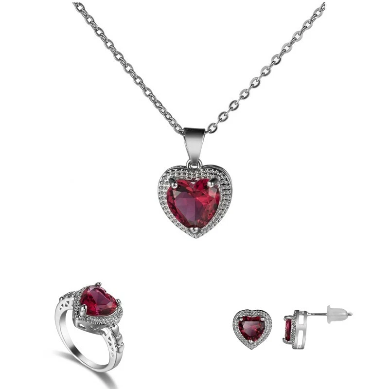 Love Heart Pendant Girl Red White Gold Filled Necklace Earrings Ring Jewelry Set - Image 1 of 4