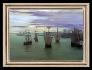Imagen artística miniatura de casa de muñecas Sunrise on the Harbor Ships 8756 - Imagen 1 de 1