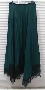 Zara Pleated Skirt Velvet Trimmed Waist Laced Bottom Hem Green XS - Picture 1 of 5