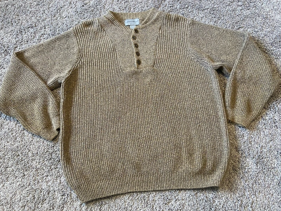 Suéter Tejido Eddie Bauer Hombres Mediano Hecho en EE. UU. Marrón Henley Botones de Metal Foto 1 de 4