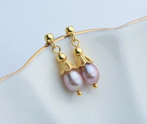 Women Gold in Sterling Silver 925 Flower Freshwater Pearl Stud Drop Earrings F23 - Picture 1 of 9